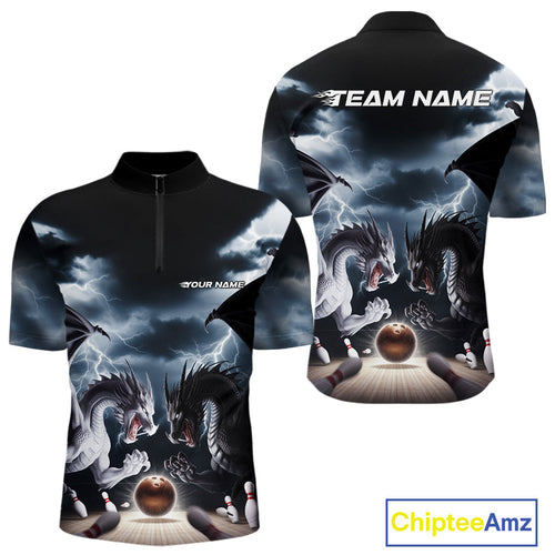 Custom Black And White Dragons Lightning Bowling Quarter-Zip Shirts For Men, Bowling League Shirt IPHW9820