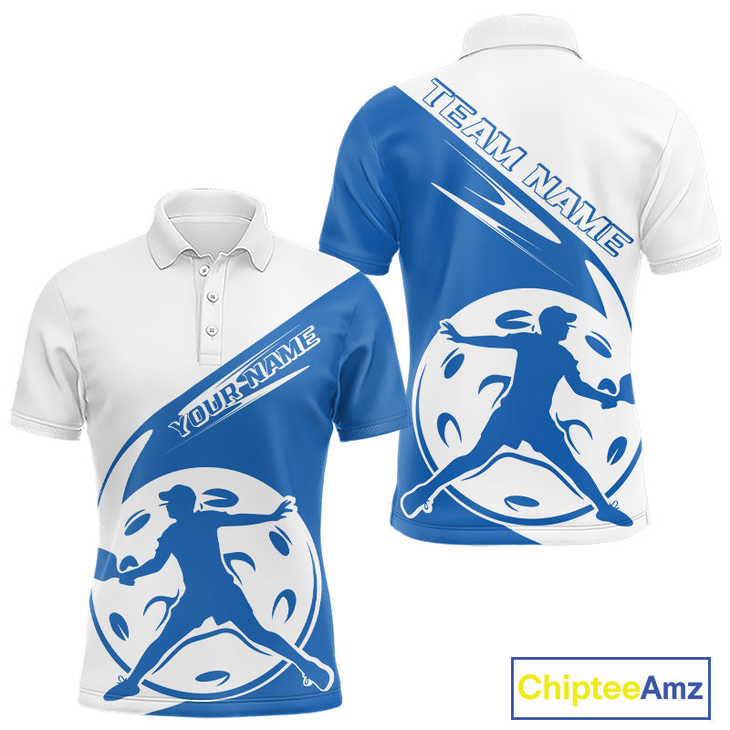 Custom White And Blue Pickleball Jersey, Pickleballer Pickleball Player Polo Shirt For Men IPHW9339