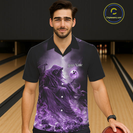 Custom Purple Flame Grim Reaper Bowling Men And Women Hawaiian Shirts, Halloween Bowling Team Outfit IPHW9468
