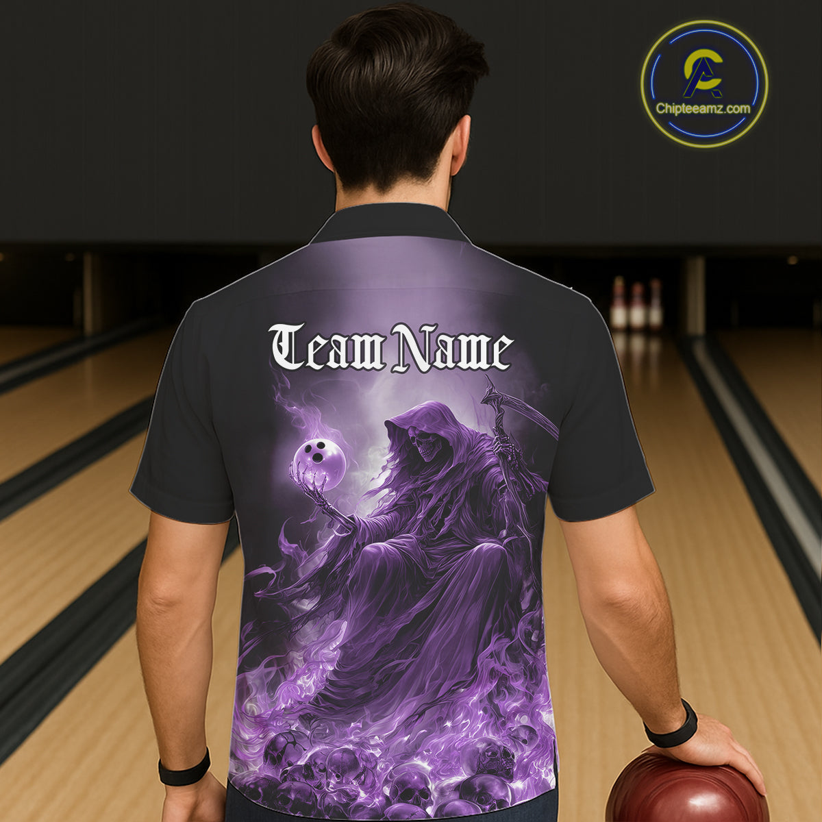 Custom Purple Flame Grim Reaper Bowling Men And Women Hawaiian Shirts, Halloween Bowling Team Outfit IPHW9468