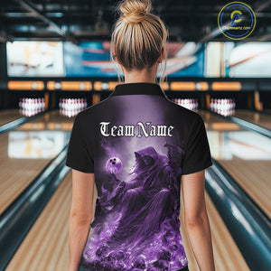 Custom Purple Flame Grim Reaper Bowling Women Quarter-Zip Shirt, Halloween Bowling Outfit IPHW9468