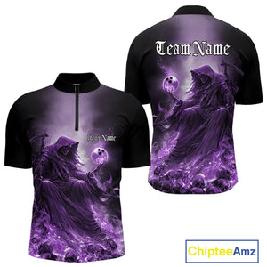 Custom Purple Flame Grim Reaper Bowling Men Quarter-Zip Shirts, Halloween Bowling Team Outfit IPHW9468