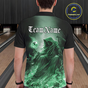Custom Green Flame Grim Reaper Bowling Men Polo Shirts, Halloween Bowling Team Outfit IPHW9469