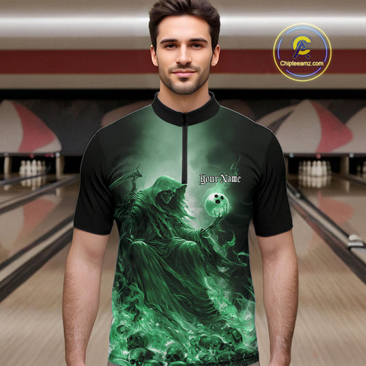 Custom Green Flame Grim Reaper Bowling Men Quarter-Zip Shirts, Halloween Bowling Team Outfit IPHW9469