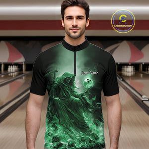 Custom Green Flame Grim Reaper Bowling Men Quarter-Zip Shirts, Halloween Bowling Team Outfit IPHW9469