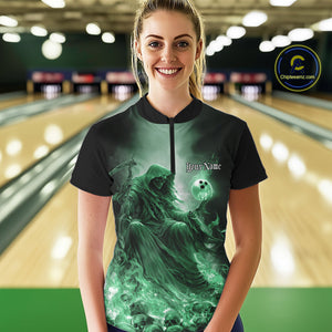 Custom Green Flame Grim Reaper Bowling Women Quarter-Zip Shirt, Halloween Bowling Outfit IPHW9469