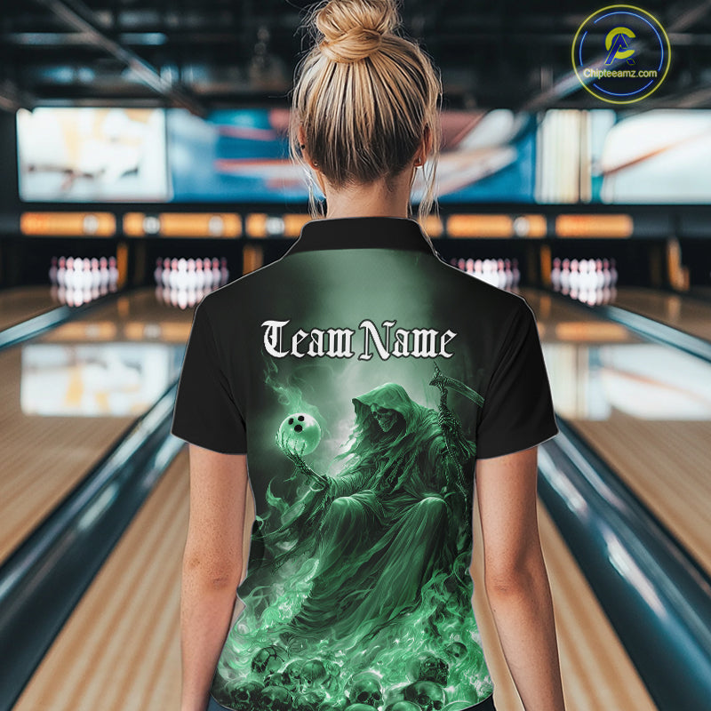 Custom Green Flame Grim Reaper Bowling Women Quarter-Zip Shirt, Halloween Bowling Outfit IPHW9469