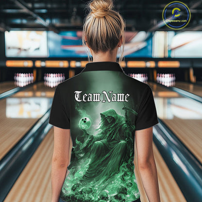 Custom Green Flame Grim Reaper Bowling Women Quarter-Zip Shirt, Halloween Bowling Outfit IPHW9469