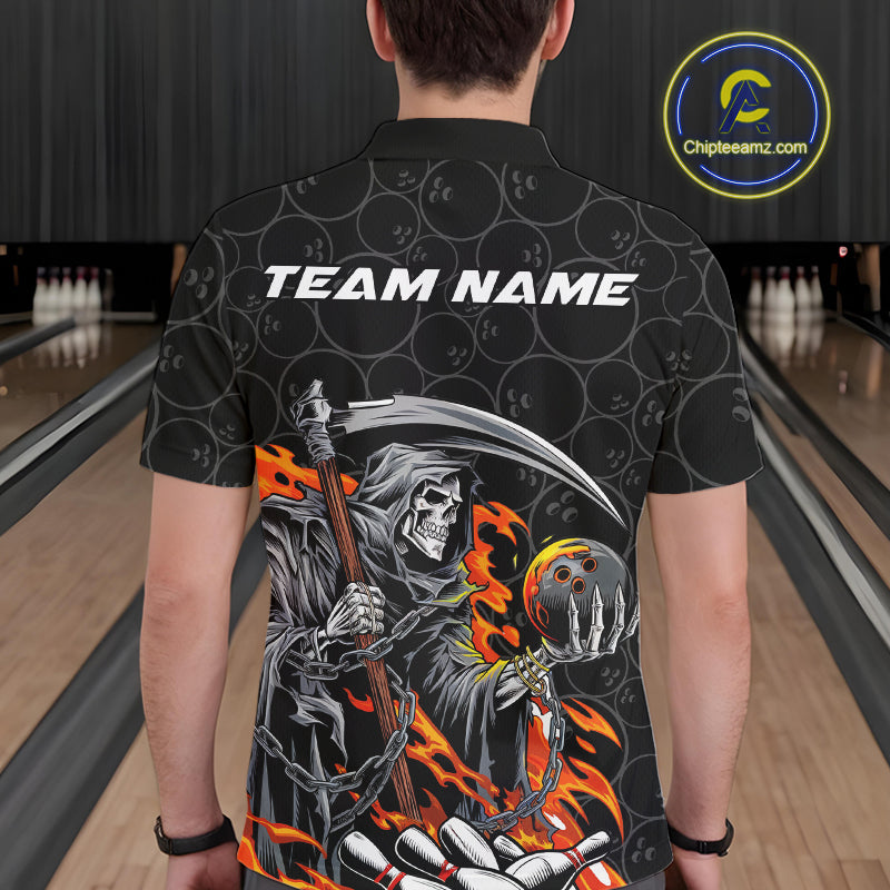Custom Chaotic Flame Grim Reaper Bowling Polo Shirts For Men, Halloween Bowling Team Shirt IPHW9473