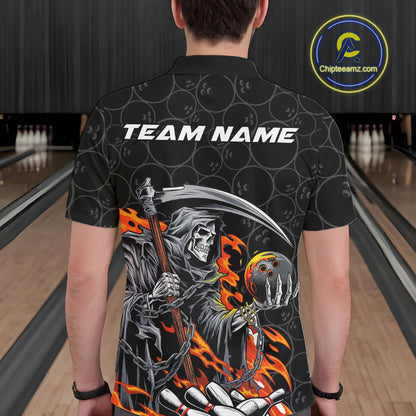 Custom Chaotic Flame Grim Reaper Bowling Polo Shirts For Men, Halloween Bowling Team Shirt IPHW9473