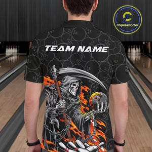 Custom Chatic Flame Grim Reaper Bowling Polo Shirts For Men, Halloween Bowling Team Shirt IPHW9473