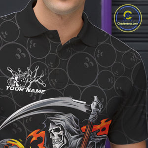 Custom Chatic Flame Grim Reaper Bowling Polo Shirts For Men, Halloween Bowling Team Shirt IPHW9473
