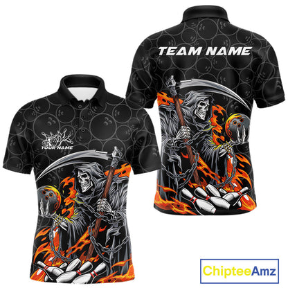 Custom Chaotic Flame Grim Reaper Bowling Polo Shirts For Men, Halloween Bowling Team Shirt IPHW9473