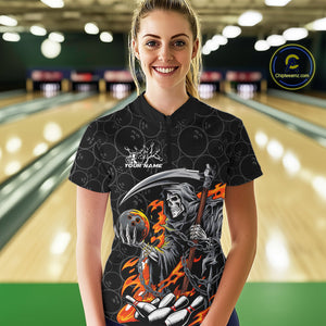 Custom Chatic Flame Grim Reaper Bowling Women Quarter-Zip Shirt, Halloween Bowling Shirt IPHW9473
