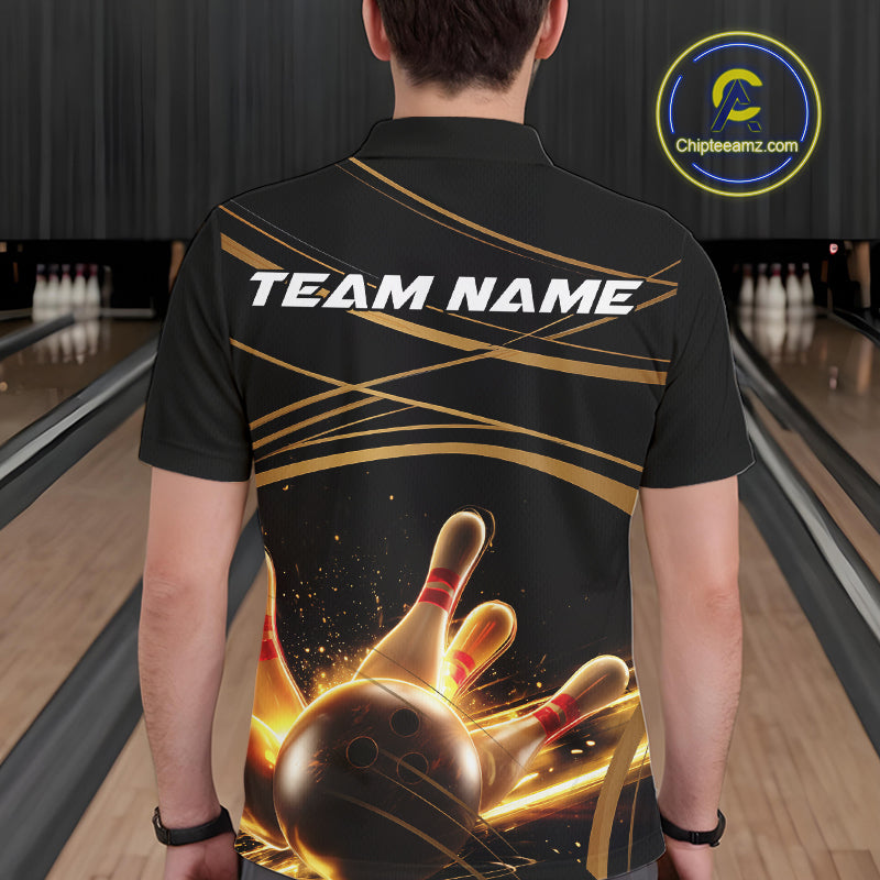 Custom Black And Gold Lane Glowing Bowling Ball And Pins Polo Team Shirts For Men IPHW9474