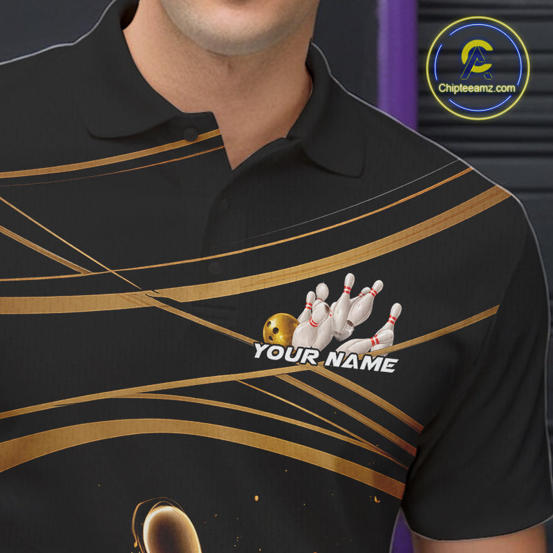 Custom Black And Gold Lane Glowing Bowling Ball And Pins Polo Team Shirts For Men IPHW9474