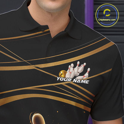 Custom Black And Gold Lane Glowing Bowling Ball And Pins Polo Team Shirts For Men IPHW9474