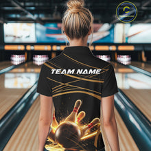 Load image into Gallery viewer, Custom Black And Gold Lane Glowing Bowling Ball And Pins Polo Team Shirts For Women IPHW9474