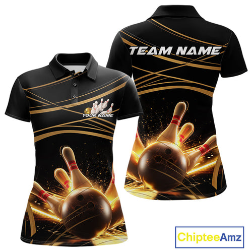 Custom Black And Gold Lane Glowing Bowling Ball And Pins Polo Team Shirts For Women IPHW9474