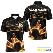 Load image into Gallery viewer, Custom Black And Gold Lane Glowing Bowling Ball And Pins Polo Team Shirts For Men IPHW9474