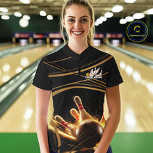 Load image into Gallery viewer, Custom Black And Gold Lane Glowing Bowling Ball And Pins Quarter-Zip Team Shirt For Women IPHW9474