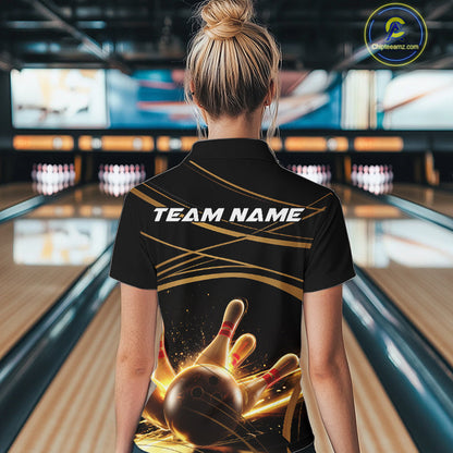Custom Black And Gold Lane Glowing Bowling Ball And Pins Quarter-Zip Team Shirt For Women IPHW9474