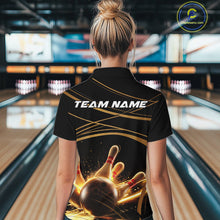 Load image into Gallery viewer, Custom Black And Gold Lane Glowing Bowling Ball And Pins Quarter-Zip Team Shirt For Women IPHW9474