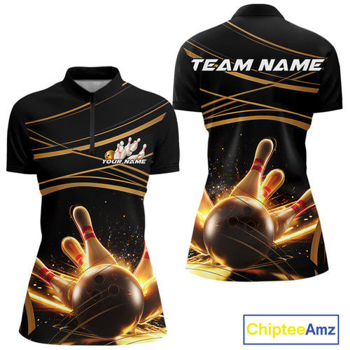 Custom Black And Gold Lane Glowing Bowling Ball And Pins Quarter-Zip Team Shirt For Women IPHW9474