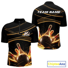 Load image into Gallery viewer, Custom Black And Gold Lane Glowing Bowling Ball And Pins Quarter-Zip Team Shirts For Men IPHW9474