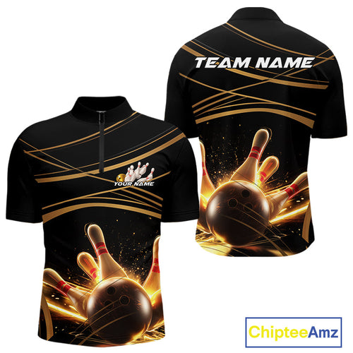 Custom Black And Gold Lane Glowing Bowling Ball And Pins Quarter-Zip Team Shirts For Men IPHW9474