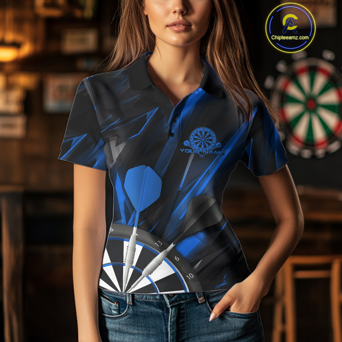Custom Black And Blue Dart Jerseys, Dart Polo Shirts For Women Team Jerseys IPHW9681