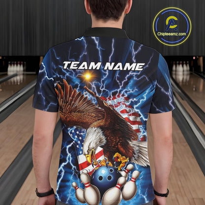 Custom Blue Lightning US Flag Eagle Bowling Team Polo Shirts For Men, Patriotic Bowling IPHW9477