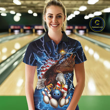 Load image into Gallery viewer, Custom Blue Lightning US Flag Eagle Bowling Team Polo Shirts For Women, Patriotic Bowling IPHW9477