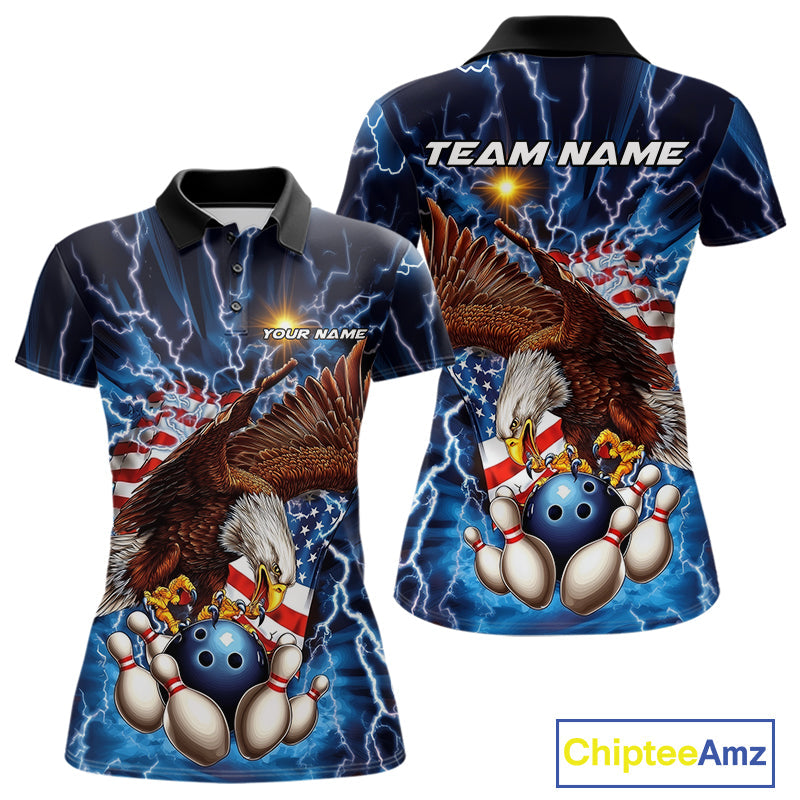Custom Blue Lightning US Flag Eagle Bowling Team Polo Shirts For Women, Patriotic Bowling IPHW9477