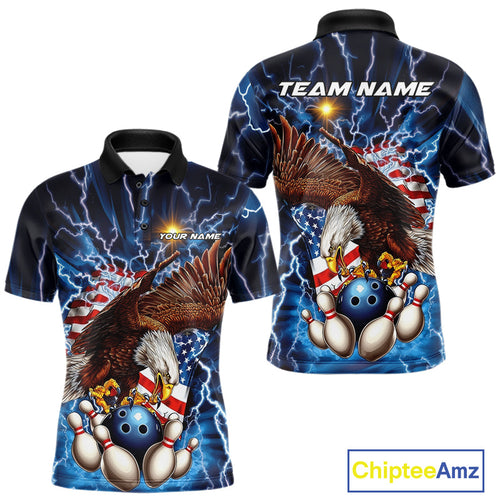 Custom Blue Lightning US Flag Eagle Bowling Team Polo Shirts For Men, Patriotic Bowling IPHW9477
