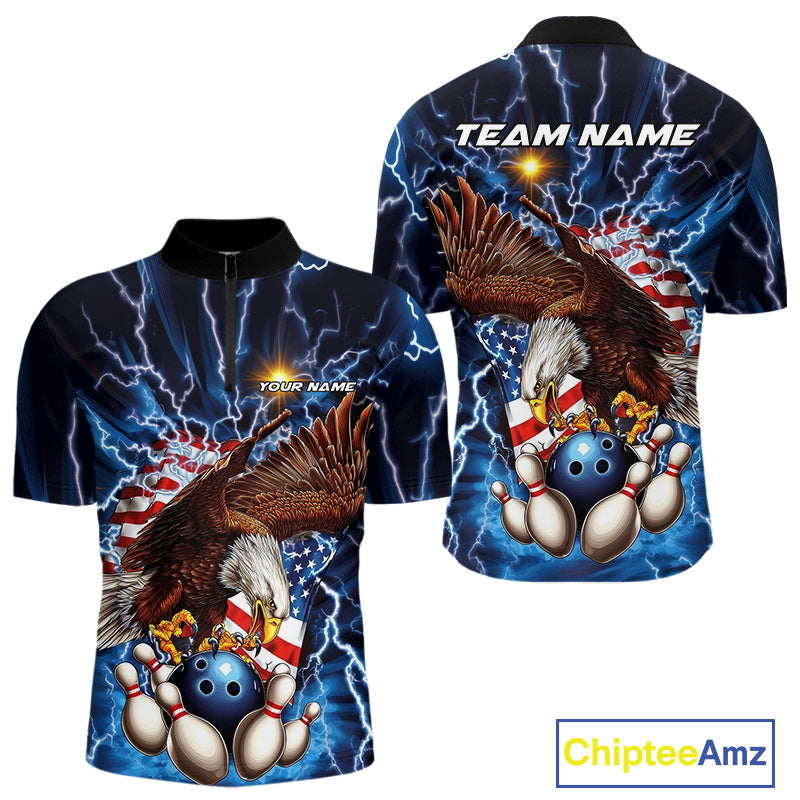 Custom Blue Lightning US Flag Eagle Bowling Team Quarter-Zip Shirts For Men, Patriotic Bowling IPHW9477