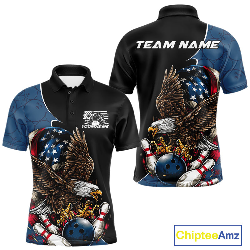 Custom American Flag Eagle Bowling Team Men Polo Shirts, Patriotic US Bowling League Shirt IPHW9478