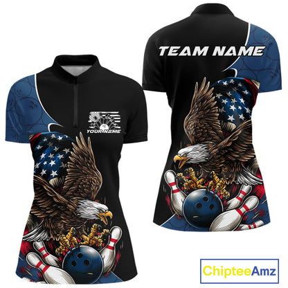 Custom American Eagle Bowling Women Quarter-Zip Shirt, Patriotic Bowling League Shirt IPHW9478