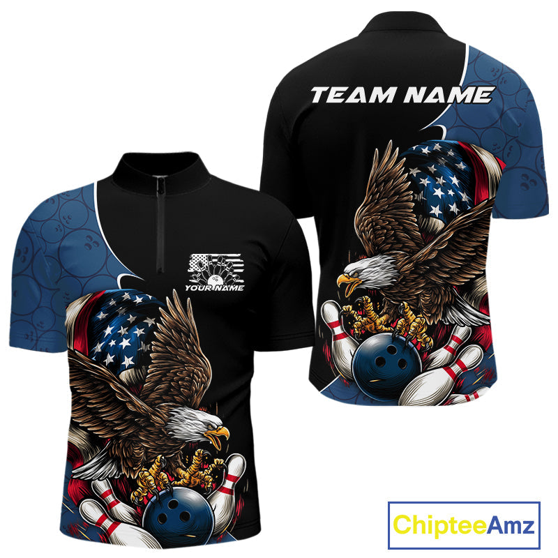 Custom American Flag Eagle Bowling Team Men Quarter-Zip Shirts, Patriotic US Bowling League Shirt IPHW9478