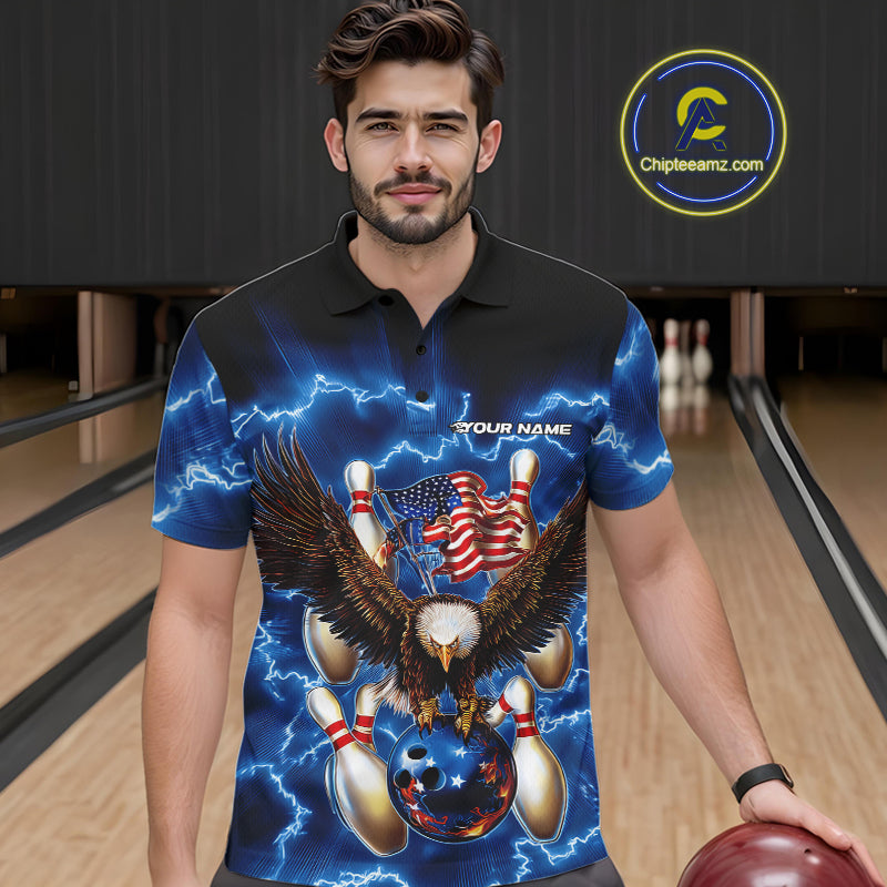 Custom Blue Lightning US Flag Eagle Bowling Team Polo Shirts For Men, Patriotic Bowling IPHW9479