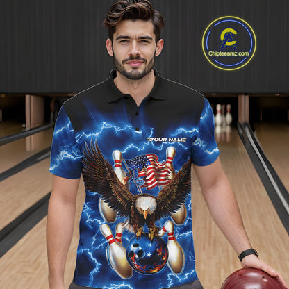 Custom Blue Lightning US Flag Eagle Bowling Team Polo Shirts For Men, Patriotic Bowling IPHW9479
