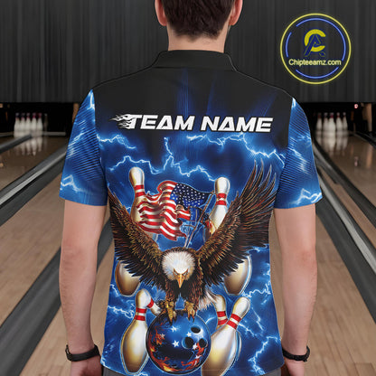 Custom Blue Lightning US Flag Eagle Bowling Team Polo Shirts For Men, Patriotic Bowling IPHW9479