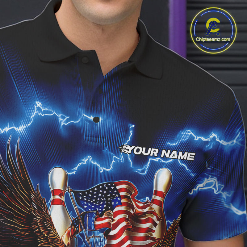 Custom Blue Lightning US Flag Eagle Bowling Team Polo Shirts For Men, Patriotic Bowling IPHW9479