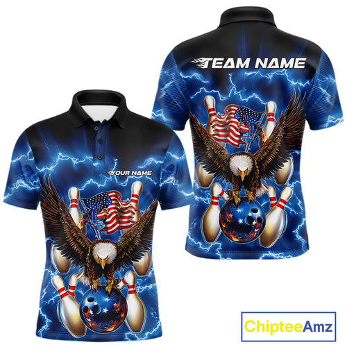 Custom Blue Lightning US Flag Eagle Bowling Team Polo Shirts For Men, Patriotic Bowling IPHW9479