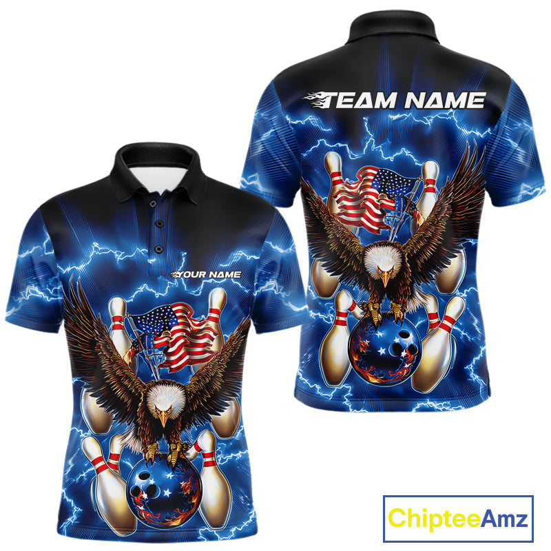 Custom Blue Lightning US Flag Eagle Bowling Team Polo Shirts For Men, Patriotic Bowling IPHW9479