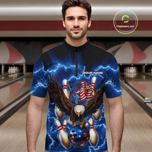 Load image into Gallery viewer, Custom Blue Lightning US Flag Eagle Bowling Team Quarter-Zip Shirts For Men, Patriotic Bowling IPHW9479