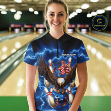 Load image into Gallery viewer, Custom Blue Lightning US Eagle Bowling Team Women Quarter-Zip Shirts, Patriotic Bowling IPHW9479