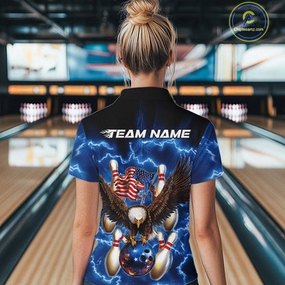 Custom Blue Lightning US Eagle Bowling Team Women Quarter-Zip Shirts, Patriotic Bowling IPHW9479