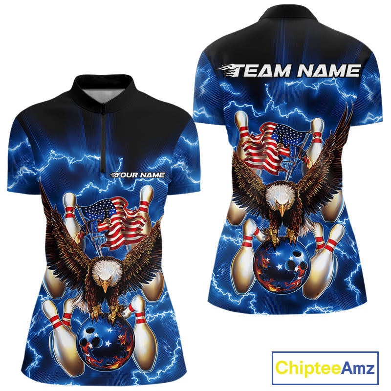Custom Blue Lightning US Eagle Bowling Team Women Quarter-Zip Shirts, Patriotic Bowling IPHW9479