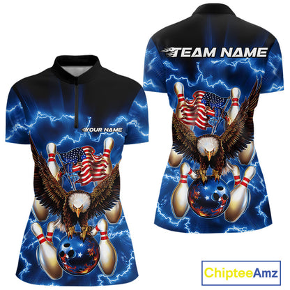 Custom Blue Lightning US Eagle Bowling Team Women Quarter-Zip Shirts, Patriotic Bowling IPHW9479